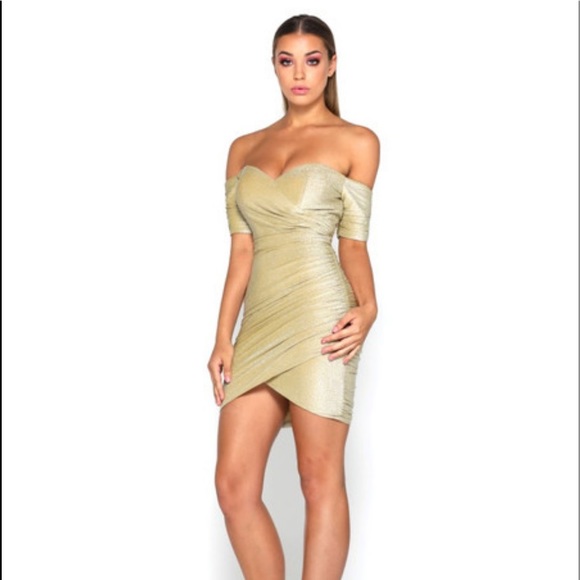 Portia & Scarlett Gold Off Shoulder Corset Ruched Mini Dress NWOT Dress sz 10 - Picture 2 of 7